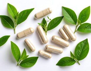Light beige capsules, vibrant green leaves