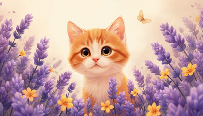 Cute ginger kitten peeking through lavender flowers with butterfly flying nearby. Charming illustration captures playful pet in soft, dreamy, natural setting, perfect for greeting cards children