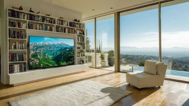 In this stylish living room a minimalist entertainment unit holds a large green screen television showing an expansive mountain view while natural light floods the space through floortoceiling