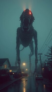 Giant Skeleton Monster with Glowing Eyes Stalking Suburban Street