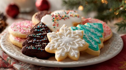 Festive holiday cookies on plate with icing and sprinkles in christmas setting