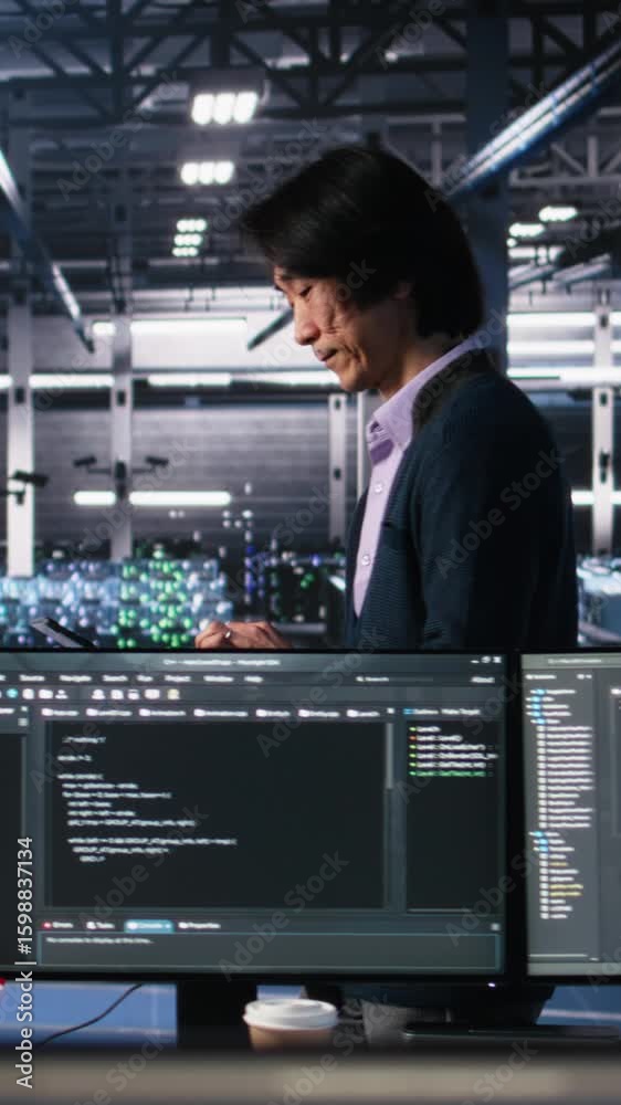 Poster vertical video team of engineers doing brainstorming in server room using ai to review infrastructur