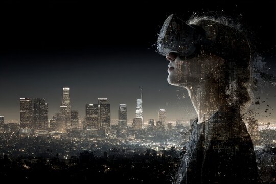 Engineer gazes at cityscape through augmented reality. Virtual reality. Career insights for aspiring architects and engineers in the aec sector. Creative process. Digital blueprints. - Powered by Adobe