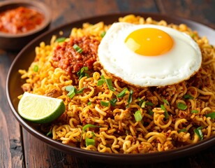 Fried egg on instant noodles with spicy sauce