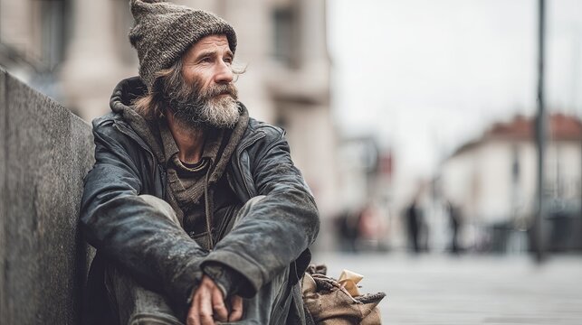 Homeless Man Sitting Outdoors in Urban Setting