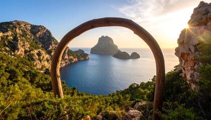Coastal vista through archway at sunset