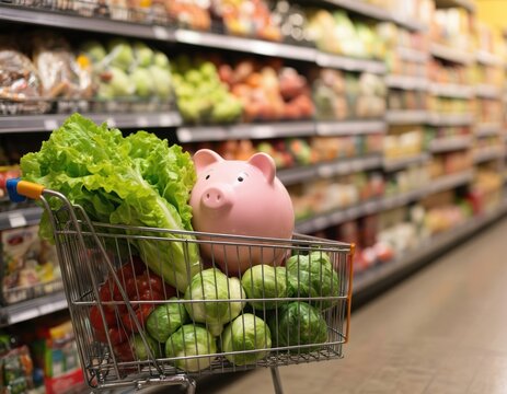 Shopping cart filled with fresh produce, piggy bank budget grocery shopping, savings. Vegetables like lettuce, Brussels sprouts suggest healthy eating, economical spending for household essentials.