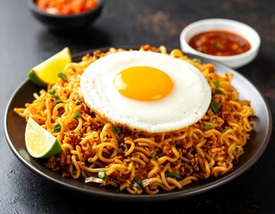 Fried egg on spicy noodles with lime