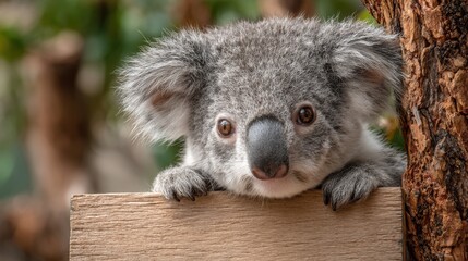 Fototapeta premium A baby koala is looking at the camera while standing on a wooden board. Concept of curiosity and playfulness, as the koala seems to be enjoying its time on the board