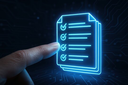Close up of a human finger touching a glowing blue neon checklist document icon on a dark background - Powered by Adobe