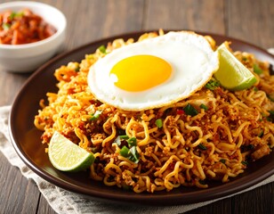 Fried instant noodles with fried egg