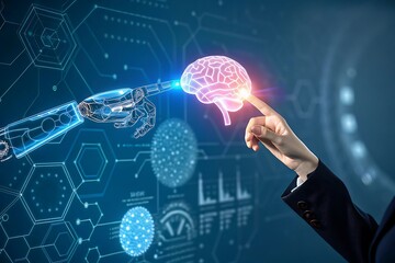 Robot arm and human finger touch glowing pink brain on digital network background touching glowing brain