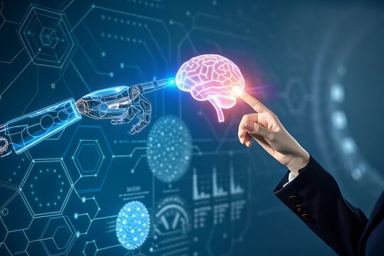 Robot arm and human finger touch glowing pink brain on digital network background touching glowing brain