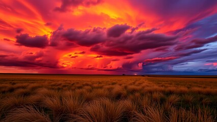 Dramatic sunset over golden grassland with vibrant clouds  