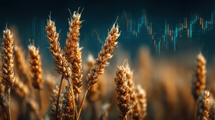 Fototapeta premium A field of wheat is shown with a blue sky background. The wheat is golden and the sky is clear and bright. The wheat is tall and the sky is filled with fluffy white clouds. The scene is peaceful