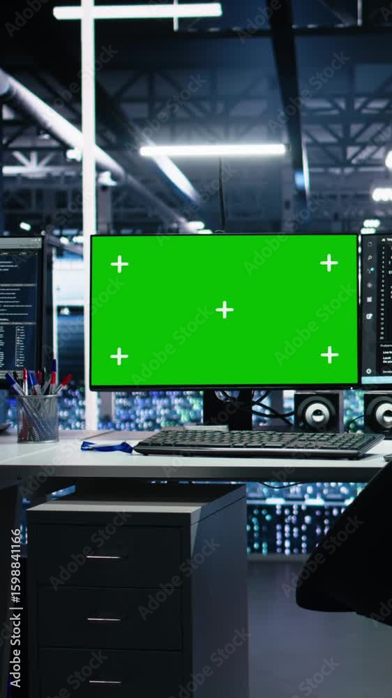 Poster vertical video ai development workstations in data center with green screen monitors displaying mach