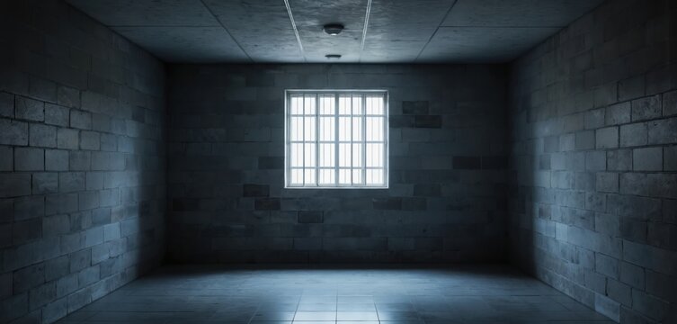 Barred window illuminates empty prison cell interior. Stark concrete block walls, textured ceiling, tiled floor. Confinement, solitude, isolation evident in bleak, dark room. Criminal justice,