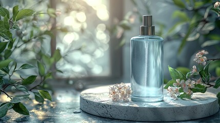 Light-blue perfume bottle amidst springtime foliage