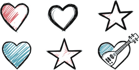 Music star doodle icon punk rock set. Hand drawn music sketch guitar, microphone, skull. Fun graffiti star shape doodle arrow, crown, speech bubble grunge decoration elements. Vector illustration