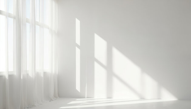 Minimalist indoor scene with soft sunlight streaming through sheer curtains onto white wall. Dramatic shadows cast geometric patterns, creating serene, tranquil atmosphere. Abstract landscape offers - Powered by Adobe