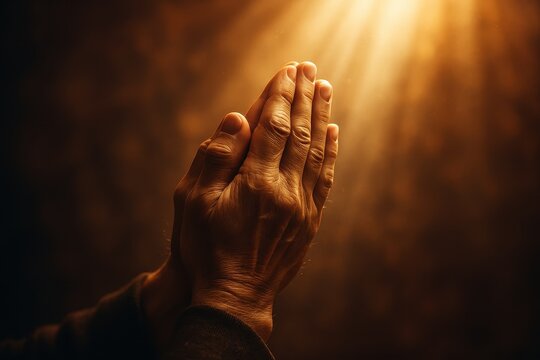 Faithful hands joined in prayer with divine blessing light creating spiritual atmosphere of hope and devotion