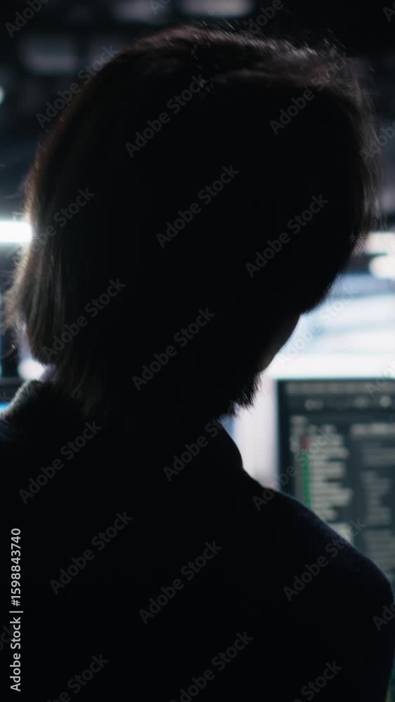 Poster vertical video data center software developer using computer to monitor neural network ai llm visual