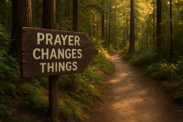 Powerful inspirational signpost declaring prayer changes everything along peaceful nature path