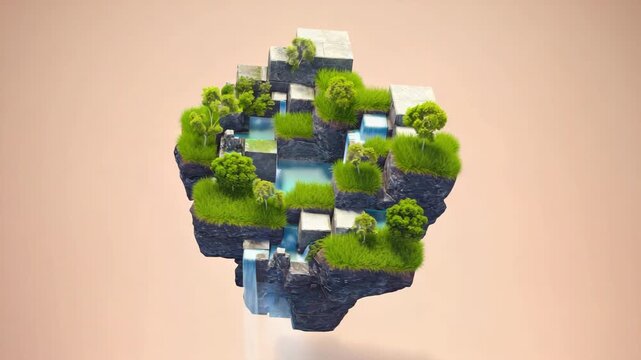 Isometric Stylized Island Rotating with Waterfalls and Minimalist Terrain on Light Background