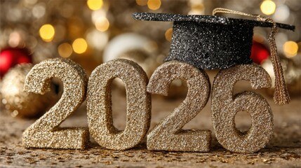A graduation cap is placed on top of the letters "2026" to create a festive and celebratory atmosphere