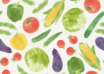 Hand-Painted Japanese Summer Vegetables – Seamless Watercolor Pattern on Recycled Paper Background