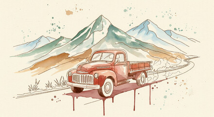 Fototapeta premium Watercolor and ink illustration of a vintage red pickup truck on a mountain road trip adventure