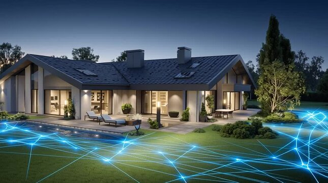 a protective technology barrier around a home and yard. Digital nodes and blue light traces of lines show a perimeter of security, surveilance, awareness or technology monitoring.