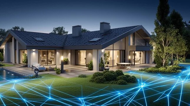 perimeter of security, surveilance, awareness or technology monitoring around a house - home security, lawn, pet protection - digital barrier glowing lines