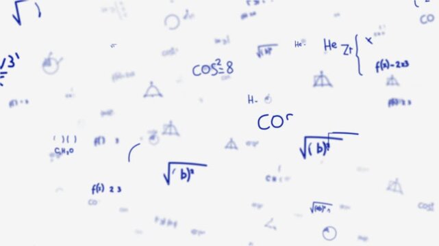Animated stream of mathematical and physics equations in blue, floating over a clean white background. Square roots, cosines, and functions form a futuristic, scientific, and analytical visual, 4k.