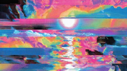 Fototapeta premium A colorful, pixelated image of a sunset with a sun in the sky. The sky is filled with a variety of colors, including blue, purple, and pink. The image has a dreamy, surreal quality to it