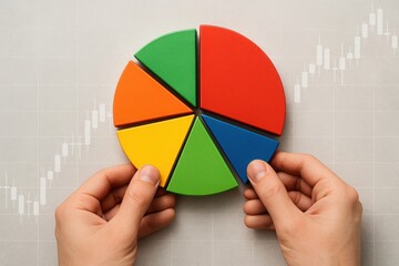 Hands assembling a colorful pie chart with financial graph background representing business data analysis and strategy