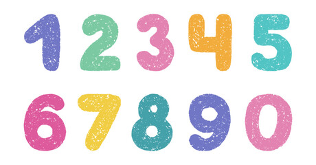 Crayon number doodle set. Chalk pencil font with kid signs in sketch style. Hand drawn vector illustration isolated on white background.