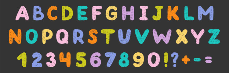 Crayon alphabet and number doodle set. Chalk pencil font with kid letters in sketch style. Hand drawn vector illustration isolated on black background