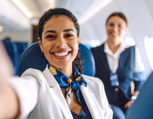 Happy airline staff taking selfie
