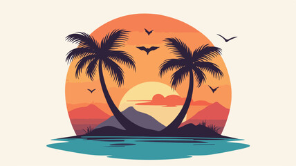 Obraz premium Tropical Palm Tree Island Concept in Simple Flat Illustration