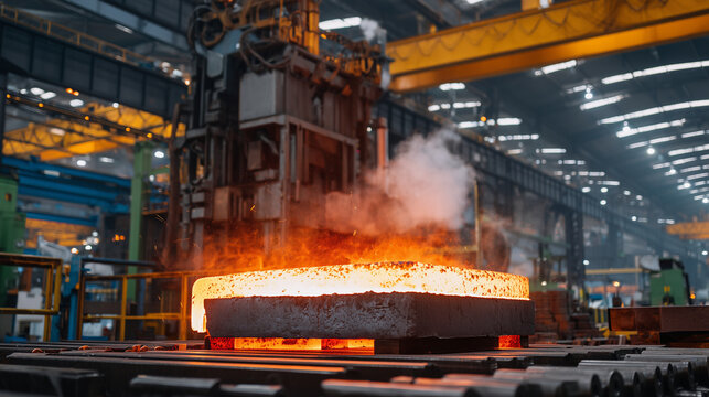 Fiery billet under the towering steel structure of a forging machine, steam billows upward, overhead gantry cranes and thick electrical cables fill the industrial ceiling.