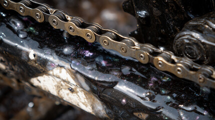 Rotating mechanical gears spin with steady rhythm, the tensioned chain rattling over sprockets, surrounded by grease-slicked metal and glinting bolts.