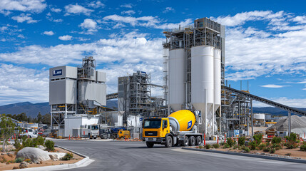 Obraz premium A yellow cement mixer idles beside towering silos and massive conveyor belts, cables and beams stretch across the plant, set against a deep blue sky with high clouds drifting by.
