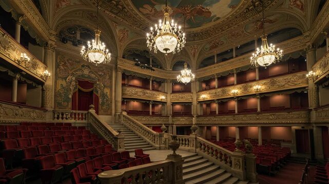 Grand Theater Interior with Red Velvet Seats Elegant Balconies and Ornate Gold Details Featuring Marble Staircase and Chandelier in a Historical Architectural Style