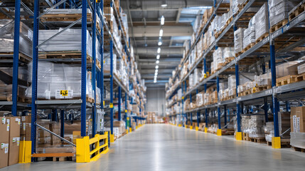 Endless aisles of towering warehouse racks loaded with product boxes, organized by barcode labels, soft industrial lighting reflects on polished concrete floors.