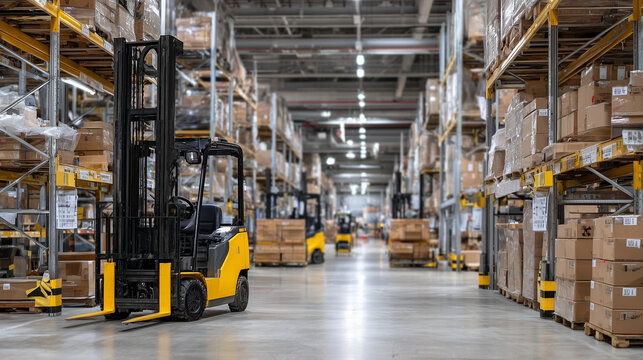 Panorama of industrial warehouse with long rows of brown boxes on steel racks, signage for SKUs and QR codes visible, scattered forklifts and carts add movement.
