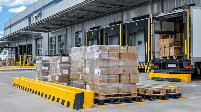 A retail supply center captured mid-operation, pallets with various sized boxes aligned across loading bays, background shows partially open delivery truck door.