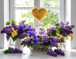Lilac and Iris bouquet on windowsill