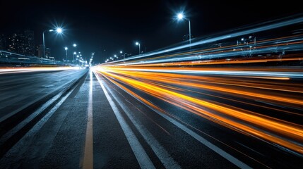 Stunning photo of car motion trails. Speed light streaks background with blurred fast moving light effect, Racing cars dynamic flash effects city road with long exposure night.