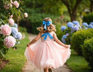 Little girl in a light pink dress running through a garden